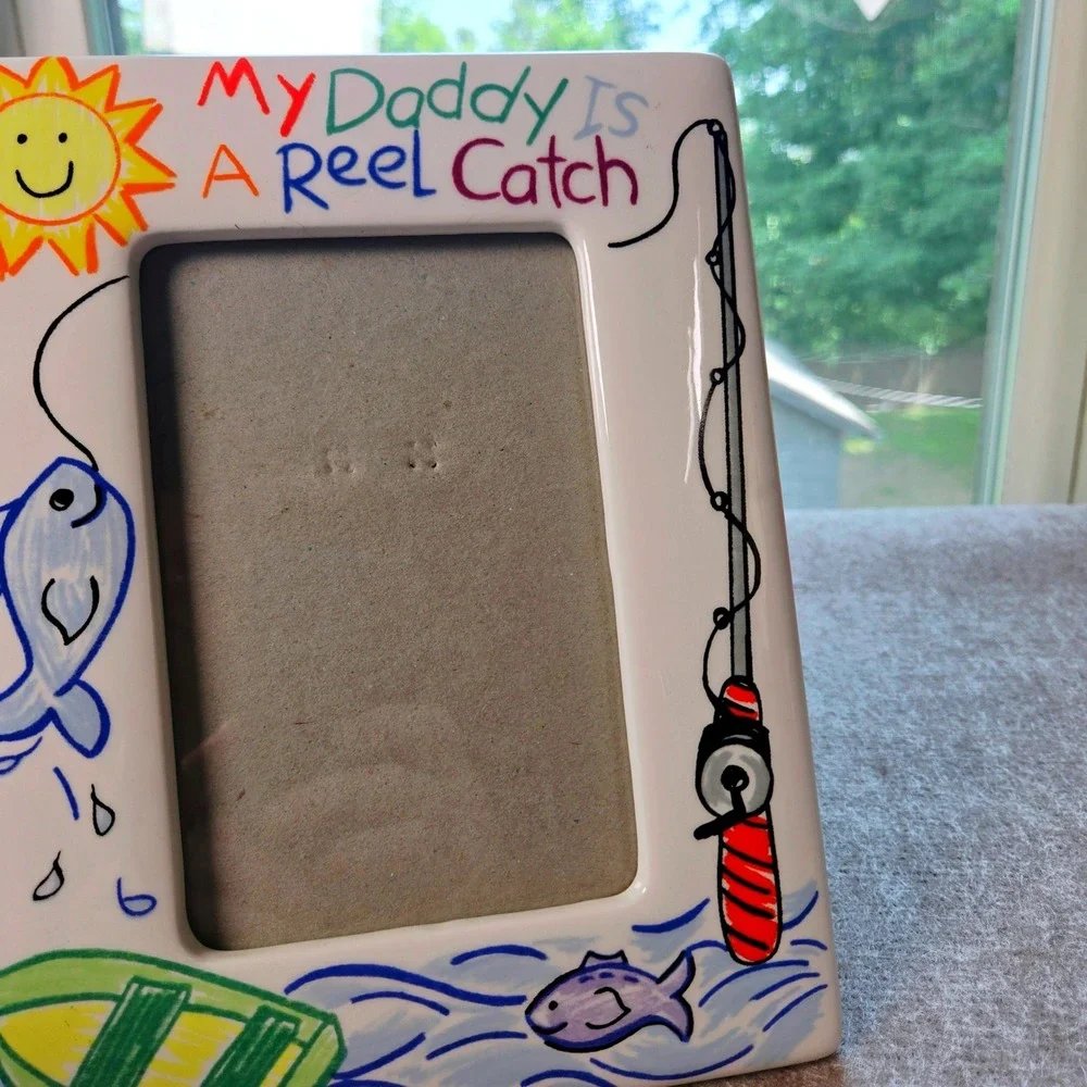 Russ Scribbles My Daddy Is A Reel Catch Fishing Ceramic 4x6 Picture Frame White
